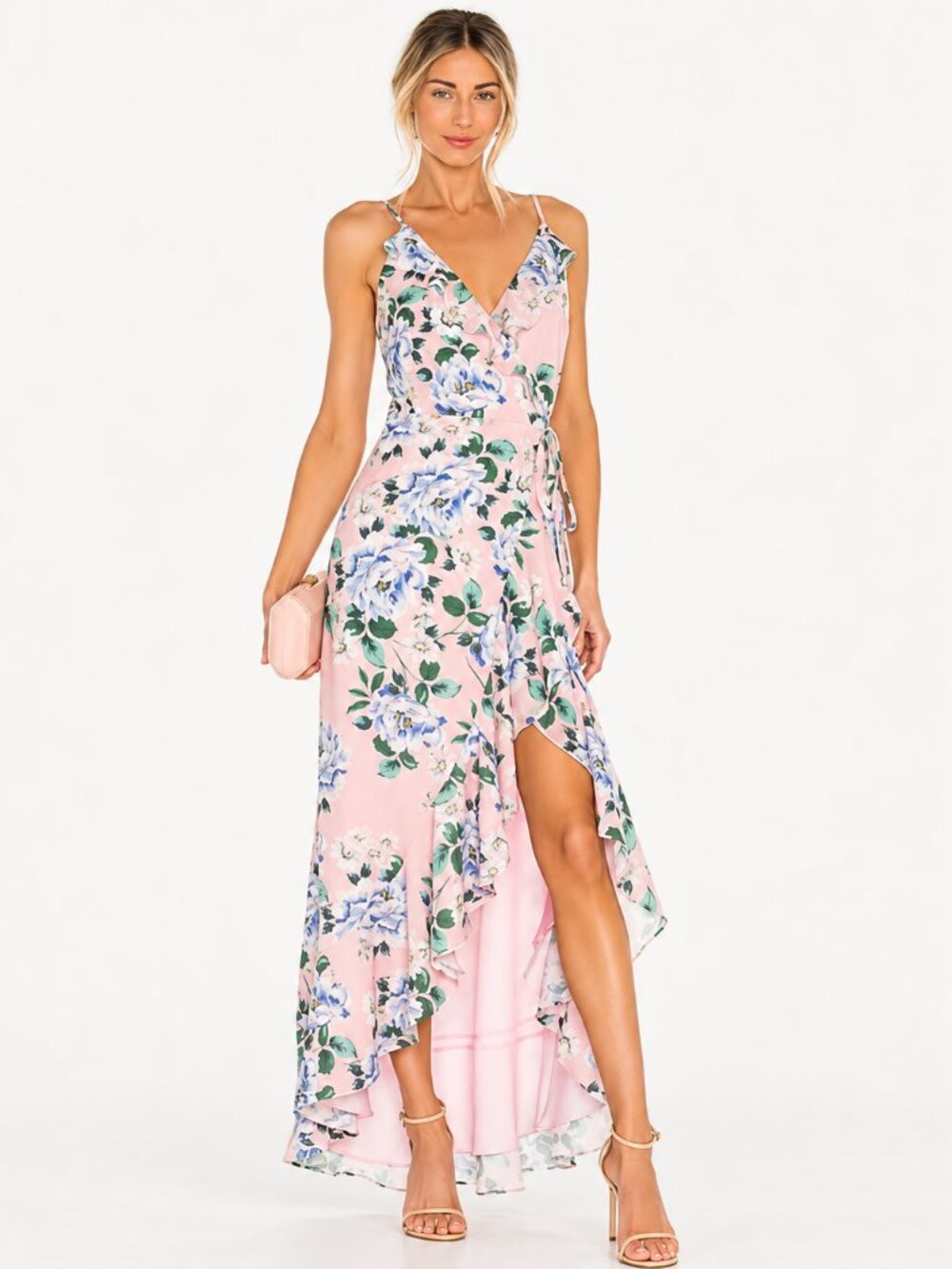 Yumi Kim Meadow Women Maxi Wrap Dress XS Pink Floral Ruffle Wrap Boho Resort